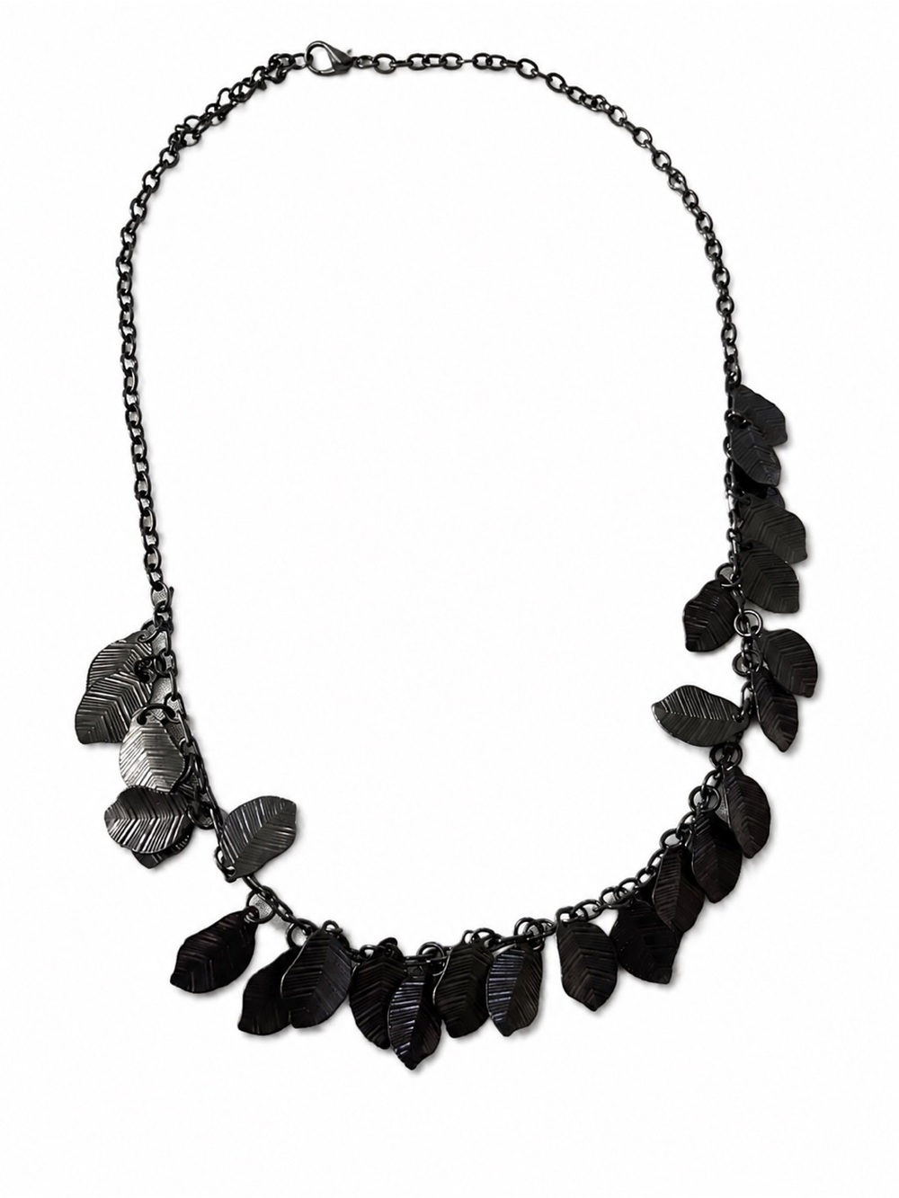 Black Gunmetal Leaf Fringe Statement Necklace | Layered Botanical Boho Bib Neckl